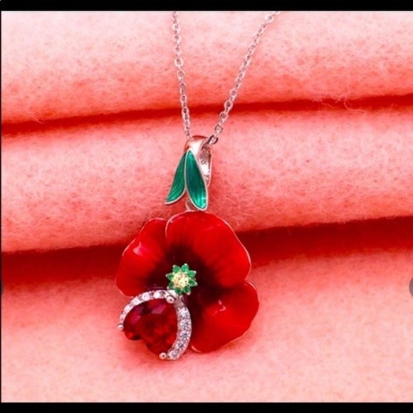 Floral Enamel Pendant Necklace set Red Zircon Silver Chain Dangle Earrings - Picture 4 of 11